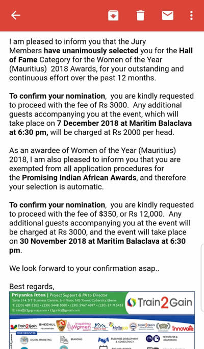 Le courriel envoyé par un préposé de Train 2 Gain à une des nominées.