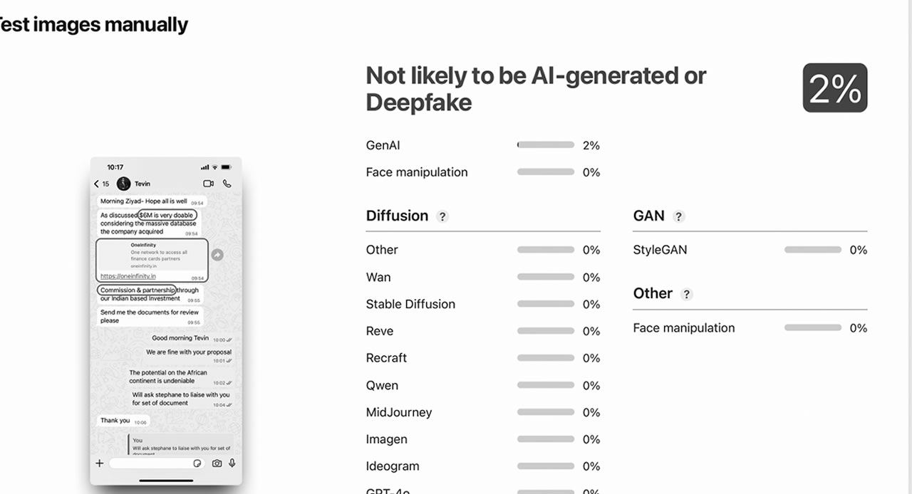 Un des trois rapports – émis par Decopy.ai, Sightengine et Wasitai – qui confirme l’authenticité des captures d’écran. 