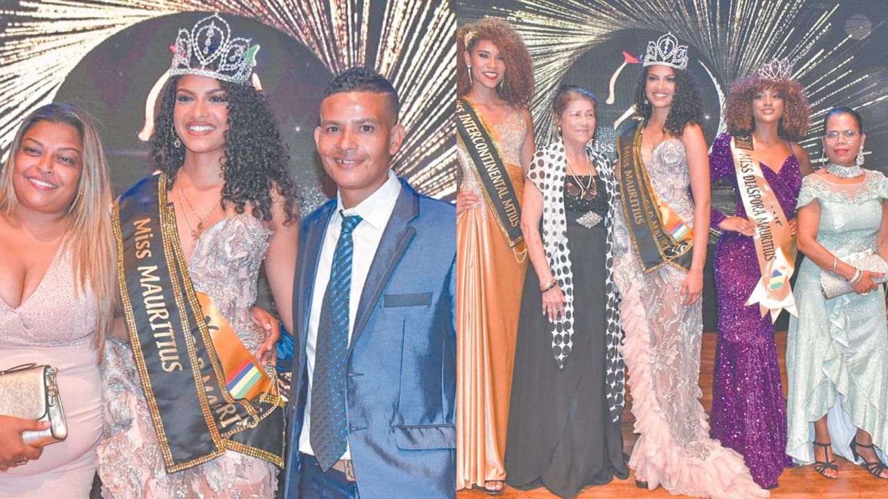 La Miss World Mauritius en compagnie de ses parents. Enza Bonhomme, Primerose Obeegadoo, Kimberly Joseph, Oceane Veeren et l’une des membres du comité de Miss Diaspora.